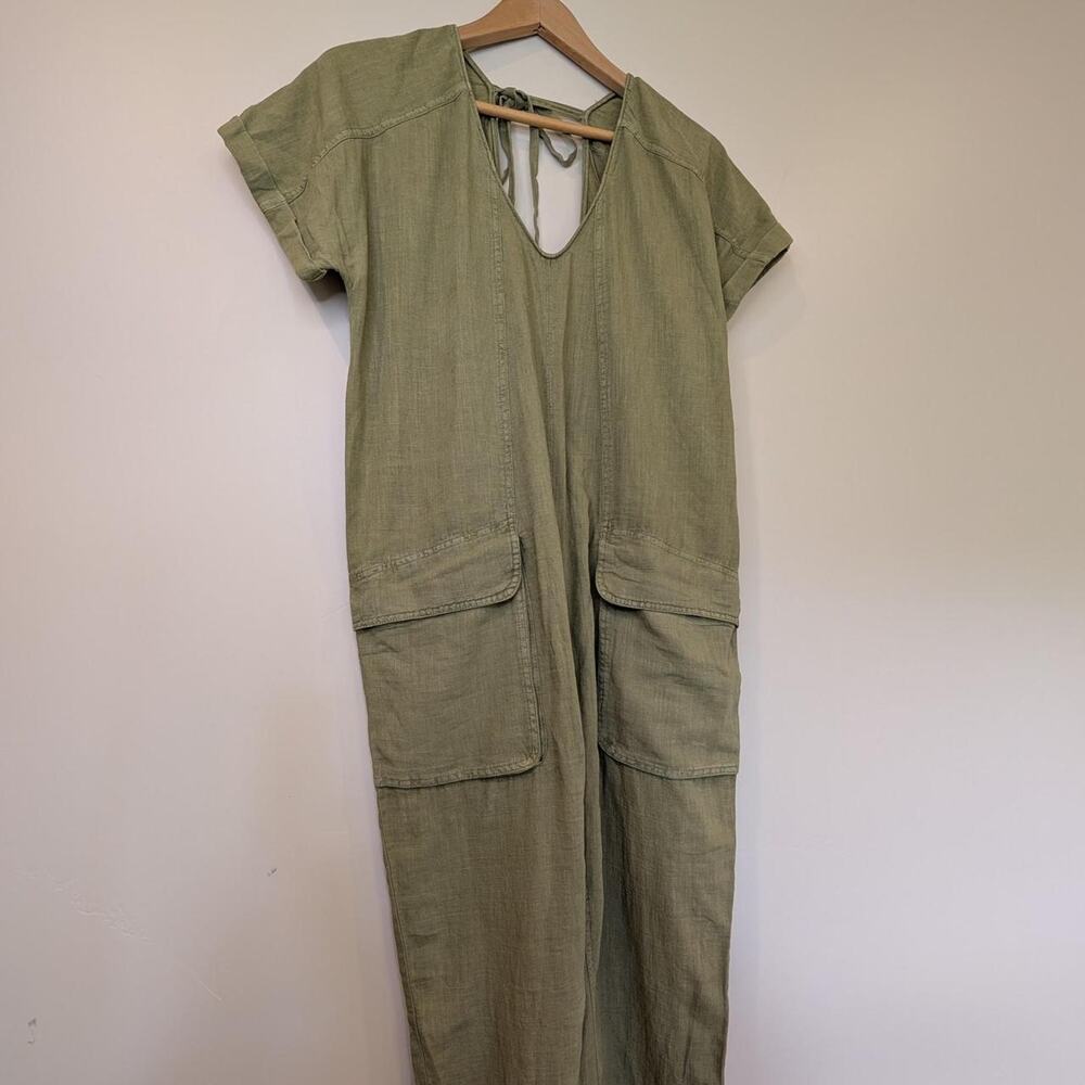 Free People Good Luck Linen Blend Short Sleeve Cargo Jumpsuit Sage Green M